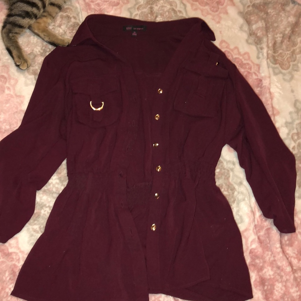 Burgundy Button Down Shirt with Gold Buttons